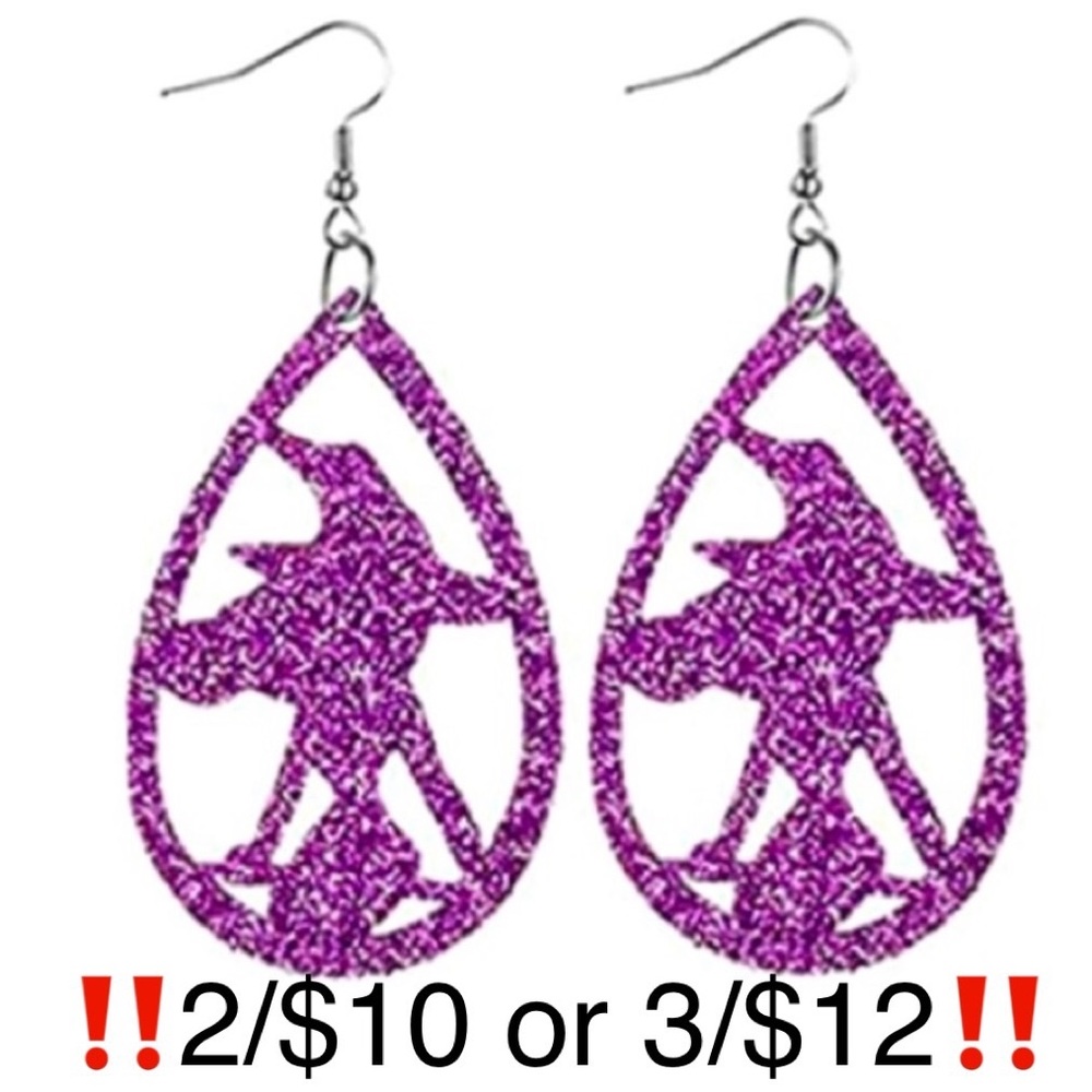 Purple Glitter Witch Faux Leather Sparkly Shimmer Dangling Halloween Earrings